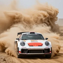 rally porsche in front of the camera, massive sandstorm in the back, wide lens