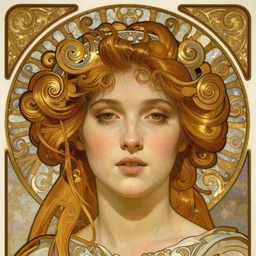 realistic detailed face portrait of a beautiful young Salome by Alphonse Mucha, Greg Hildebrandt, and Mark Brooks, gilded details, spirals, Neo-Gothic, gothic, Art Nouveau, ornate medieval religious icon
