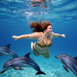 a colorful portrait photograph of fat divine underwater, wearing leopard bikini, swimming around the alien dolphins, 1 9 9 0 s, taken by martin parr, saturated colour photo, high definition, 8 k
