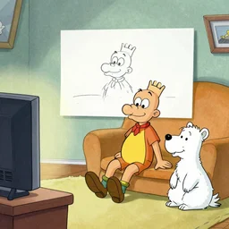 Asterix, Obelix, Tintin and Snowy watching TV. drawing, cartoon, sofa,, drawn