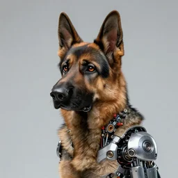 studio portrait of furry anthro anthropomorphic german shepard head animal person fursona exposed machinery extremely detailed robot human android body cybernetic cyberpunk digital art by Greg Rutkowski, Simon Stalenhag, trending on Artstation, CGSociety