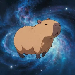 capybara floating through a nebula, Makoto Shinkai style detailed with volumetric lighting