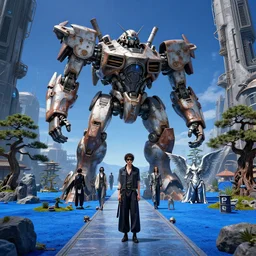 by artgerm and agostino arrivabene, visually stunning, cinematic, ultra realistic, hyper realism, 1 2 k, epic, octane render, unreal engine, vfx, maya, japanese garden in a space fortress, edgewall inkeeper, silverwing squaldron, a huge rusting mech, crazy fashion catwalk, blue desert, a death metal album cover art
