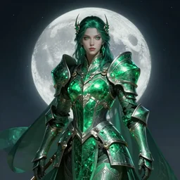 Portrait of a Fantasy emerald knight, moonlit, HD, illustration, epic, D&D, fantasy, intricate, elegant, highly detailed, digital painting, artstation, concept art, smooth, sharp focus, illustration, art by artgerm and greg rutkowski and alphonse mucha, monster hunter illustrations art book