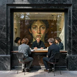 people made of black marble exterior office, portrait face, dappled light, in the style of matt murphy, enes dirig, jeremy enecio, intricate, miles johnston, monet, cynical realism, john william godward, painterly, yoshitaka amano, miles johnston, louise zhang, matt murphy, enes dirig, pekka halonen, finnish naturalism, realism