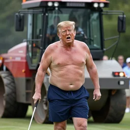 action photography : ( subject =! donald trump! + subject detail = panicking expression, sweaty, wearing golf shorts, holding golf club, obese ), background depicts a steamroller driven by! merrick garland!