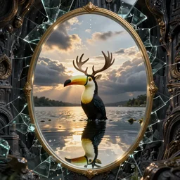 shattered glass texture, toucan creature with deer antlers, lake, reflections, massive oval mirrors, cinematic, filmic, ray tracing reflections, detailed and intricate, elegant, ornate, realistic, golden hour, stormy weather, ominous, dark wet walls of a dungeon, portal