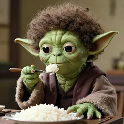 Yoda with an Afro eating rice