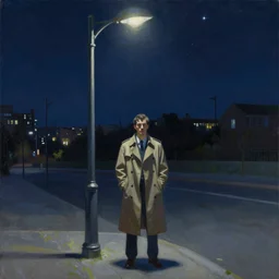 a painting of a man in a trench - coat standing under a bright street lamp on an empty street with a dark cityscape in the background with a star filled sky. featured on artstation. painting in the style of daniel dociu