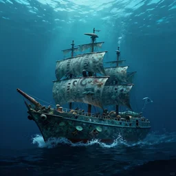 sea monster shape like a ship in the deep dark sea, thalassophobia, realistic, highly detailed