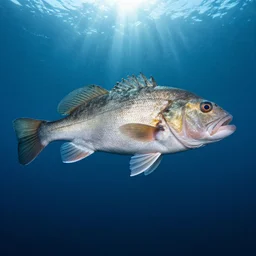 incredibly detailed atlantic cod, wide angle shot, backlit, very realistic, underwater, beautiful photo, national geographical, underwater photography, canon 5 d,