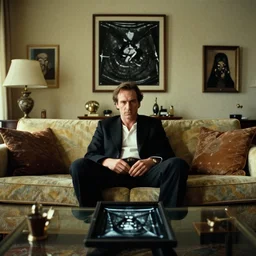 an mri image of james cavell in the living room, film still from the movie directed by denis villeneuve with art direction by salvador dali, wide lens