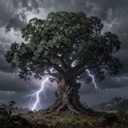 a beautiful painting of a huge tree of storm, foliage made of stormy clouds and lightnings, epic, fantasy, high definition, cinematic shot, natural volumetric light, octane render, artstation, ulrta detailed, 8 k