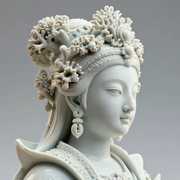 complex 3 d render, hyper detailed, ultrasharp, beautiful cuber queen portrait with a porcelain profile face, natural soft rim light, headdress made of corals, daisies, colorful vapor, jellyfish, expensive red fabric, cyberpunk metallic brackets, ferra white mecha, by alexander mcqueen, octane highly render, 4 k, ultra hd