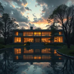 a luxurious house, brutalist architecture, ( le corbusier ), glass windows, glowing lights, trees, pond, water, daytime, cloudy sky, sunset, epic lighting, subtle colors, concept art, detailed illustration, centered, hd, 4 k, photorealistic, digital art, greg rutkowski, dan mumford, ruan jia, trending on artstation