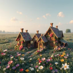 a hyper intricate 3 d artwork of beautiful little houses made of flowers in a serene field, intricate, highly detailed, digital painting, artstation, concept art, extremely detailed, sharp focus, octane render wide view, soft shading, digital illustration, colorful, style of hieronymus bosch