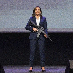 Alexandria Ocasio-Cortez full body portrait, holding AR-15 on stage, realistic 4k