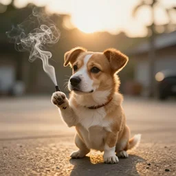 Digital art of Shibu Inu smoking, 35mm, f/1.4, Golden Hour light, ,