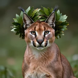 caracal, laurel wreath on his head, in laurel wreath, dressed in laurel wreath, has a laurel wreath, long shot photo, cinematic, high detail, cinematography, vfx, 8 k