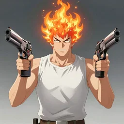 an anime battle scene, a tough guy with his head burning holding two pistols and shooting, looking up, fantastic, style of pixiv illustration