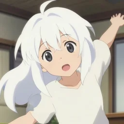 anime film visual portrait of a young girl with white hair in her room interior, cute face by makoto shinkai kyoto animation, dynamic perspective pose detailed facial features eyes, crisp and sharp cel shade