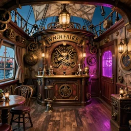 interier view of award - winning pirate themed escape room set on the top deck on pirate ship from 1 7 2 0. steampunk and magical colors. trending on artstation, realistic.