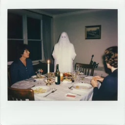 a 1 9 8 5 color polaroid of a seance at a dining room table captures the image of a ghostly apparition, aged photo, authentic