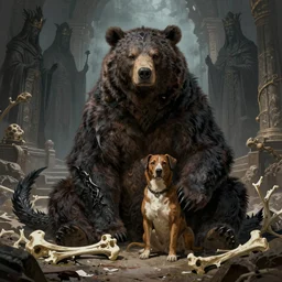 portrait of fantasy beast bear - dragon hybrid, underneath laying bones, big beast pet sitting next to him, dark gods ancient temple in the background, illustration concept trending pixiv fanbox by wlop and greg rutkowski and rosa bonheur, and william harnett