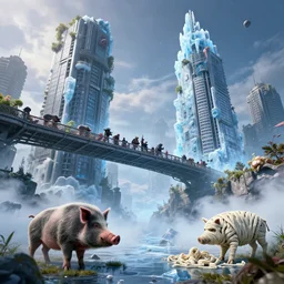 skybridge towers, prehistoric hell pigs, Cold as ice! 🧊, cinematic, hyper realism, high detail, octane render, unreal engine, 8k, vibrant color, Corpse Bridegroom of the Spring, mephitic vapors, disposal mummy, by dom qwek and andrea chiampo