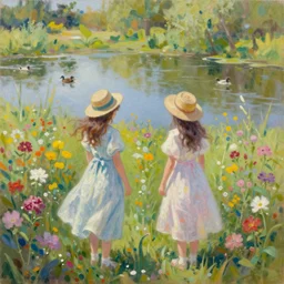 Two girls in field of flowers by duck pond in the style of oil on canvas.