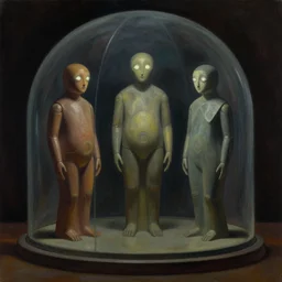 three biomorphic robotic seers watchers oracles soothsayers with glowing eyes portrait, inside a dome, pj crook, grant wood, edward hopper, syd mead, chiaroscuro, oil on canvas