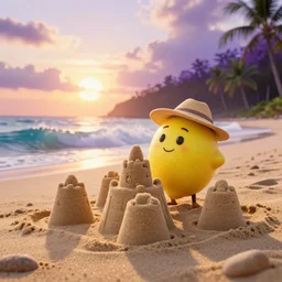 3 d render, of anthropomorphic lemon character, he is wearing a hat, building a sandcastle on the beach at sunset, beach, huge waves, sun, clouds, long violet and green trees, rim light, cinematic photography, professional, sand, sandcastle, volumetric lightening