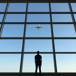 man looking at giant glass windows, sees huge blue sky, airplane flying towards him