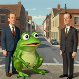 pepe the frog have a great time in town, edward hopper and james gilleard, zdzislaw beksinski, in the style of francis bacon, surreal, norman rockwell and james jean, greg hildebrandt