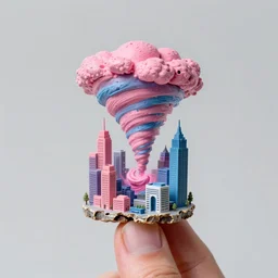 a magical cityscape made of surrealism, 3mm thick, worn on a human finger. A pink and blue tornado rages in the interior. 4K 85mm, f/8, studio lighting,