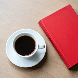 a table with coffee and red books