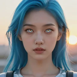 portrait concept art of a future ai artificial intelligence virtual reality vr artist human stunningly beautiful face with perfectly symmetrical features photorealistic illustration digital rendering 8 k cinematic goldenhour sunset professional photo selfie two perfect symmetrical eyes with a rainbow chromatic iris and white sclera shimmering flowing cyan azure blue hair smooth porcelain unblemished skin gazing into the sunset futuristic fashion clothes