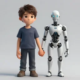 A boy holding hands with a cyborg, trending on art station, realistic science fiction by Greg Rutkowski