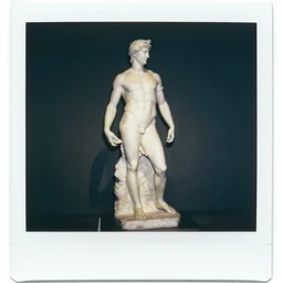 Polaroid photo of fragmented full body greek sculpture of Luffy