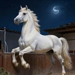a majestic mythical Pegasus in a stable, looking towards the night sky, 4k