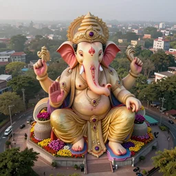 beautiful biomorphic new delhi, cyborg ganesha!! building, kalighat flowers, octane highly detailed cinematic, stephen shore & john j. park, soft morning light, wide shot, aerial shot, uhd 8 k, shallow depth of field