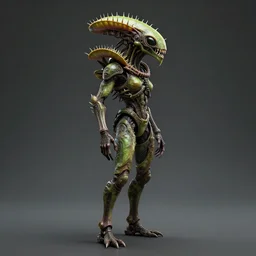 skin concept venus flytrap, full length profile portrait, full - length photo with upper and lower body, t - pose, wide angle, alien, biopunk, plant predator, predator, teeth, many details, guyver style, 3 d, cinematic, hyper realism, high detail, octane render, art by hans giger