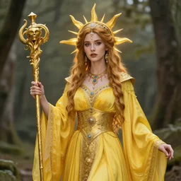 photograph of a real-life beautiful sun witch with ornate yellow robes and staff.  Extremely detailed. 8k