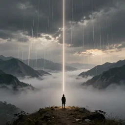 small male figure in epic foggy mountainscape, expansive view, dozens of thin glowing straight lines extend from ground into the sky, by Caspar David friedrich
