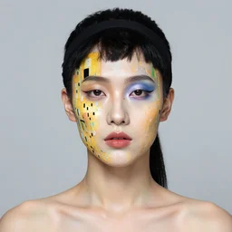 gender ambiguous person with abstract hilda at klimt makeup in face fused body portrait combat visor mullet sun moon symmetrical facial features, hyper realistic 4 k, rule of thirds, extreme detail by gottfried helnwein