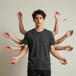 portrait of a young man with six arms and 1 2 hands