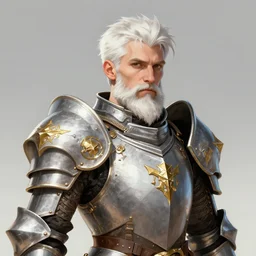 portrait, 40 years old man :: fantasy dwarf, thin :: beard, brown eyes, short pure white hair :: full plate armor, golden emblems :: high detail, digital art, RPG, concept art, illustration