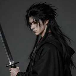 side profile, handsome japanese demon boy, young adult mazoku man with long wild spiky black hair, vantablack cloak, red eyes, holding scimitar, ultra realistic, concept art, intricate details, eerie, highly detailed, photorealistic, octane render, 8 k, art by artgerm, greg rutkowski, charlie bowater, magali villeneuve, alphonse mucha