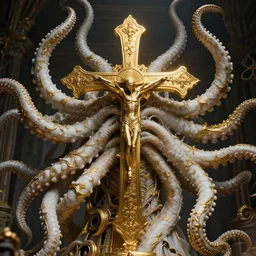 a photo of 8 k ultra realistic corrupted lovecraftian golden crossaint, 8 intricate white and gold tentacles, ornate white and gold armour, cinematic lighting, trending on artstation, 4 k, hyperrealistic, focused, extreme details, unreal engine 5, cinematic, masterpiece