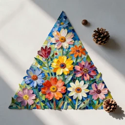 flower composition, impressionist mosaic, colorful, triangle, happy accidents, pinecone, bright and fresh